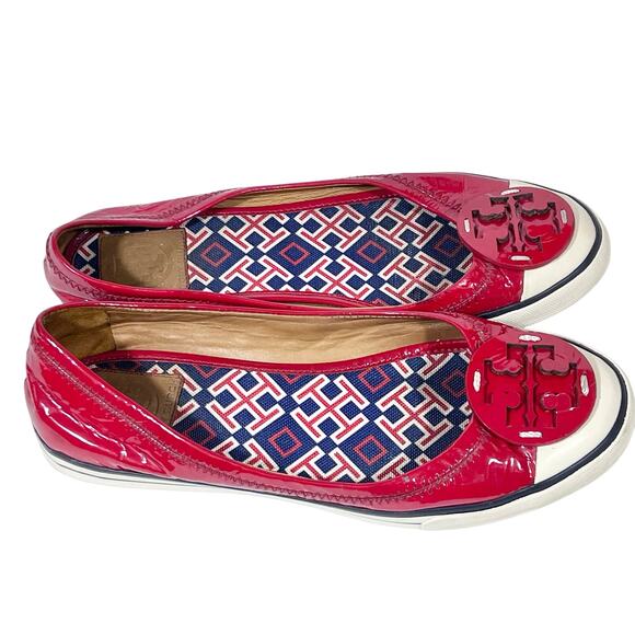 Tory Burch Flats Slip On Size 8 Cherry Red White Blue Patent Leather Logo Used - Picture 1 of 16